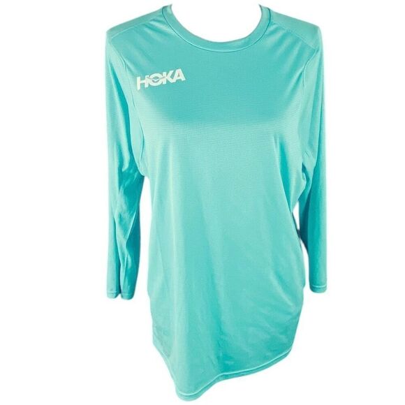 Hoka One One Womens Blue Grid Long Sleeve Performance T Shirt Medium - Picture 1 of 6